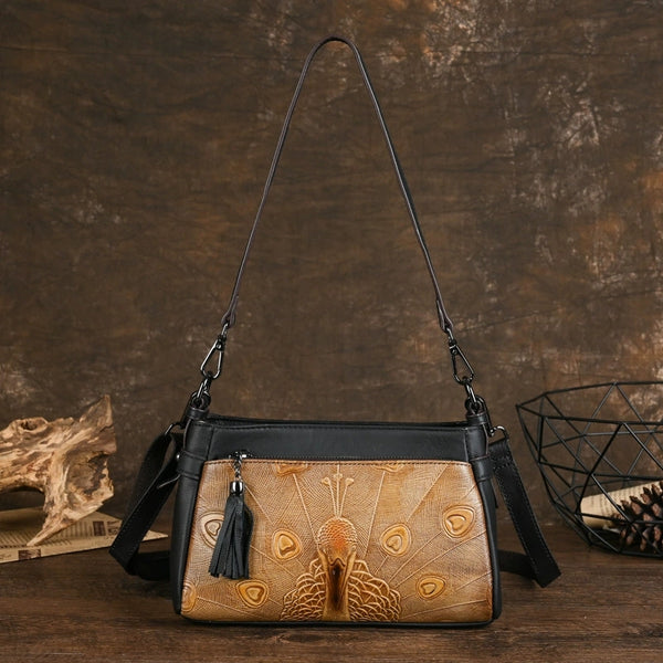 Ladies Small Leather Shoulder Bag Peacock Pattern Embossed Cross Body Leather Handbag Badass