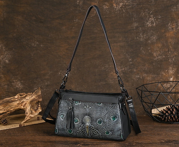 Ladies Small Leather Shoulder Bag Peacock Pattern Embossed Cross Body Leather Handbag