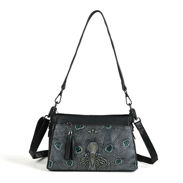 Ladies Small Leather Shoulder Bag Peacock Pattern Embossed Cross Body Leather Handbag Black