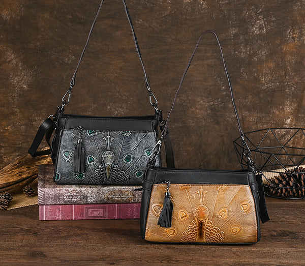 Ladies Small Leather Shoulder Bag Peacock Pattern Embossed Cross Body Leather Handbag Casual