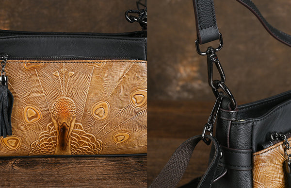 Ladies Small Leather Shoulder Bag Peacock Pattern Embossed Cross Body Leather Handbag Details