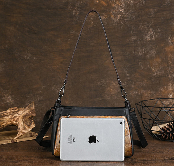 Ladies Small Leather Shoulder Bag Peacock Pattern Embossed Cross Body Leather Handbag Handmade