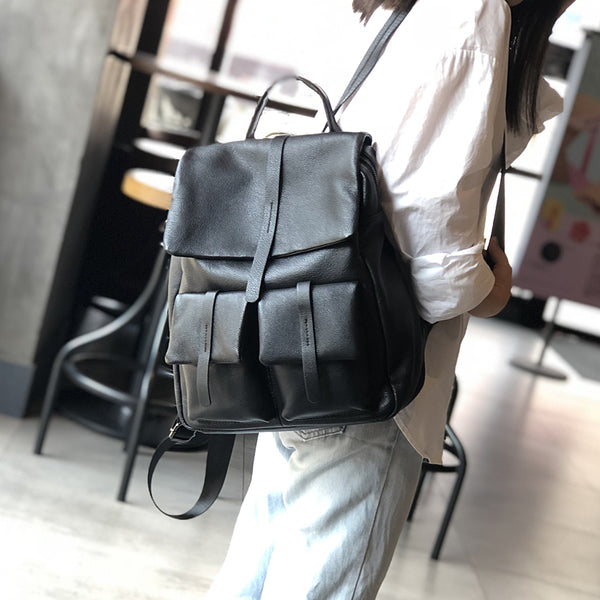 Ladies Vintage Leather Backpack Bag Small Leather Knapsack Black Badass
