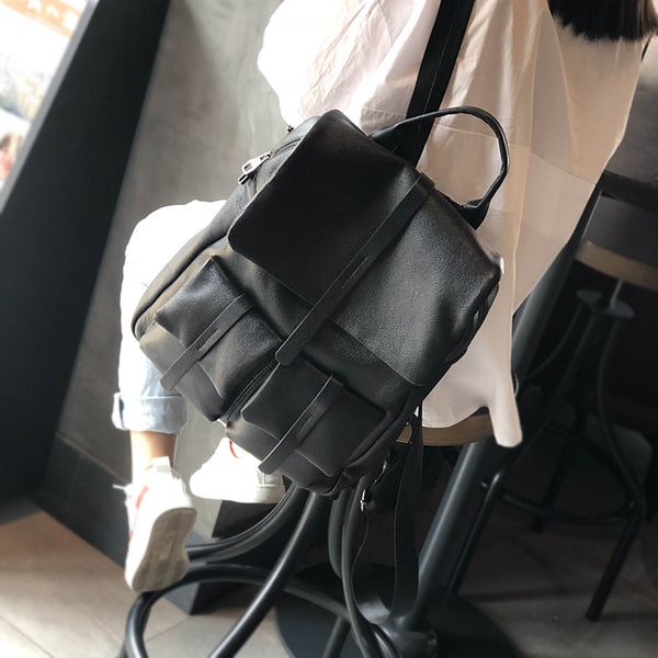 Ladies Vintage Leather Backpack Bag Small Leather Knapsack Black Casual