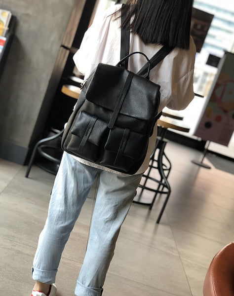 Ladies Vintage Leather Backpack Bag Small Leather Knapsack Black Classic