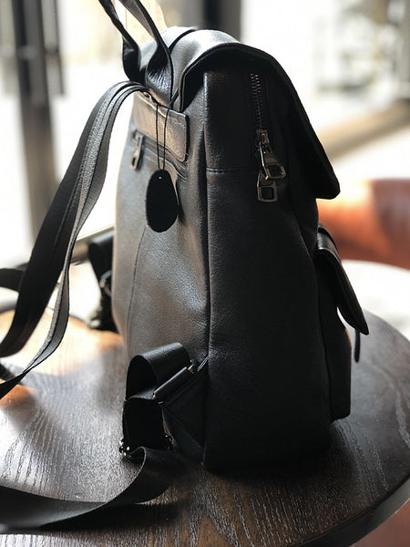 Ladies Vintage Leather Backpack Bag Small Leather Knapsack Black Classy