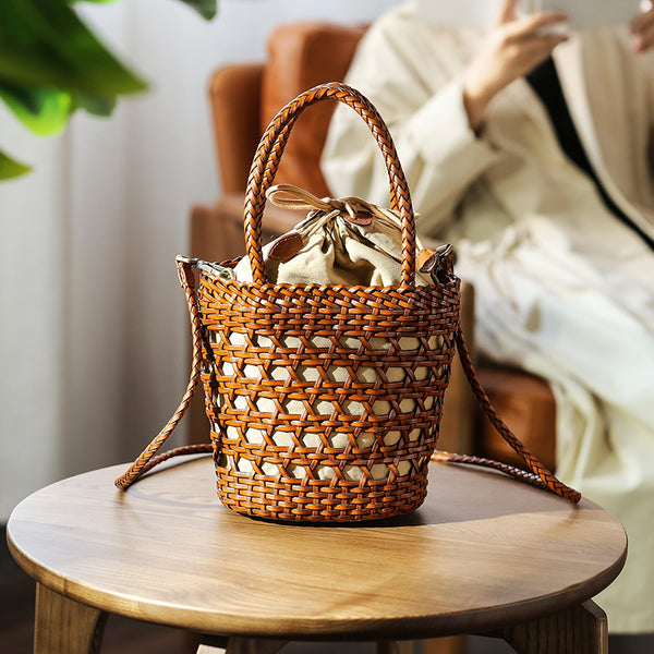 Ladies Woven Leather Shoulder Bucket Bag Small Handbags For Women Badass
