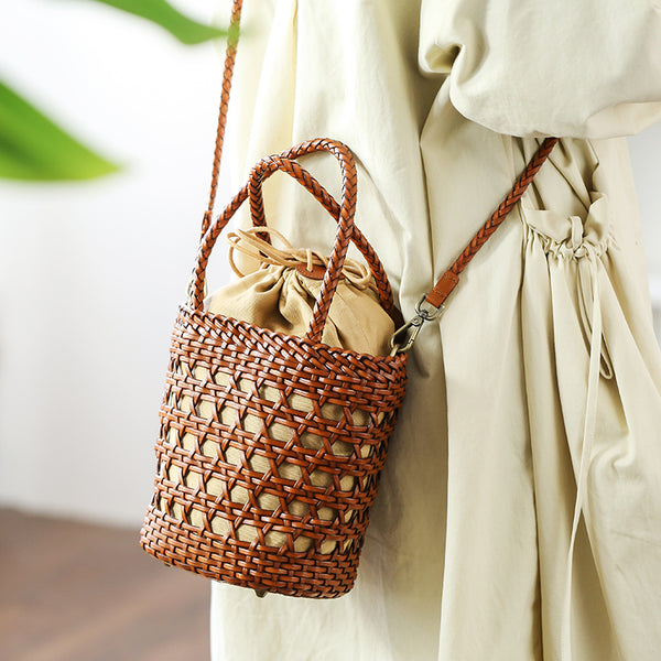 Ladies Woven Leather Shoulder Bucket Bag Small Handbags For Women