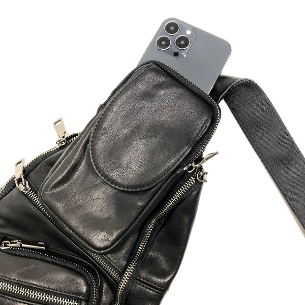 Large Women's Black Leather Sling Bag Chest Bag For Women Cool