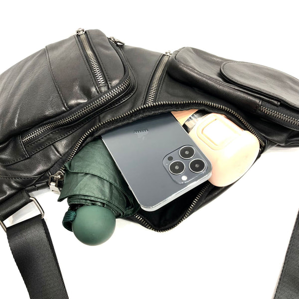 Large Women's Black Leather Sling Bag Chest Bag For Women Cowhide