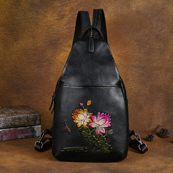Lotus Pattern Ladies Leather Backpack Purse Ladies Small Leather Rucksack Affordable