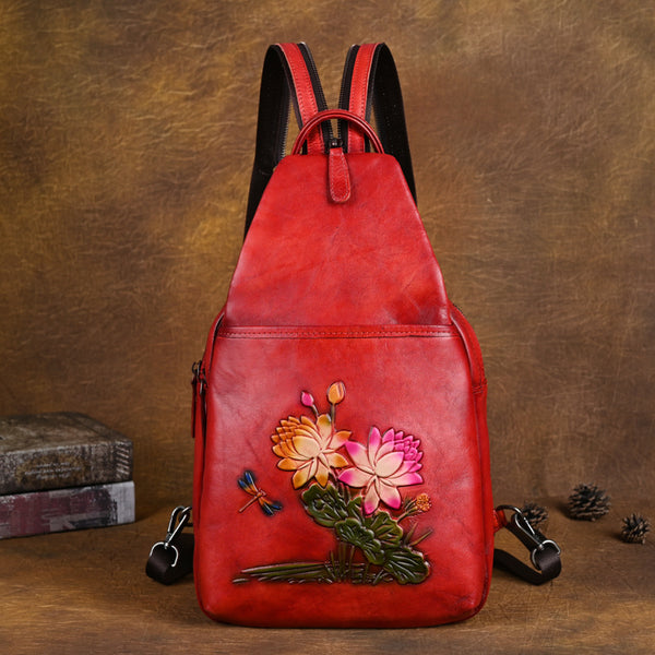 Lotus Pattern Ladies Leather Backpack Purse Ladies Small Leather Rucksack Beautiful