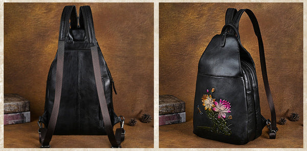 Women's Black Leather Backpack Purse Ladies Black Leather Rucksack