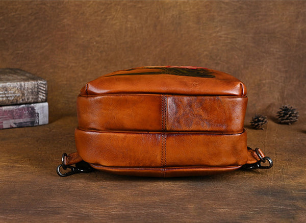 Lotus Pattern Ladies Leather Backpack Purse Ladies Small Leather Rucksack Classy