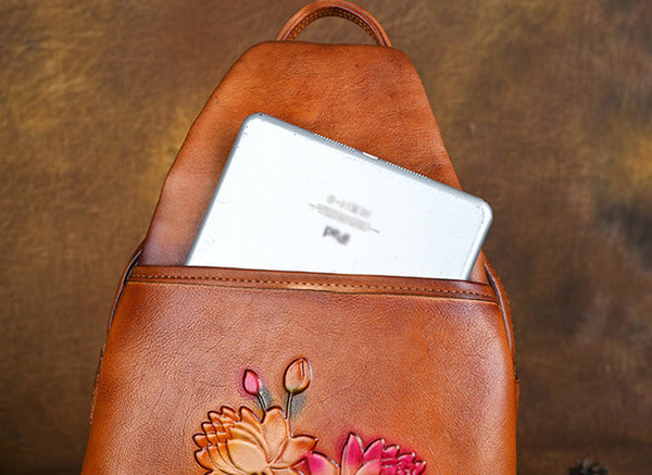 Lotus Pattern Ladies Leather Backpack Purse Ladies Small Leather Rucksack Cool
