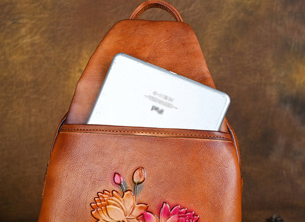 Lotus Pattern Ladies Leather Backpack Purse Ladies Small Leather Rucksack Cool
