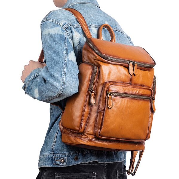 Medium Womens Black Leather Laptop Backpack Leather Rucksack Bag Casual