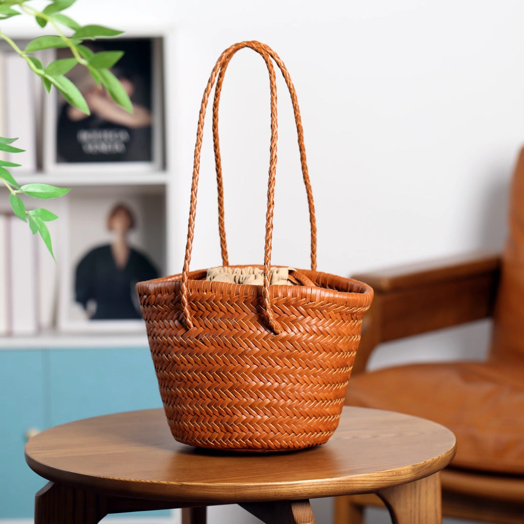 Vintage-Genuine-Leather-Handwoven-Bucket-Bag-Shoulder-Tote-with-Inner-Pouch-Accessories
