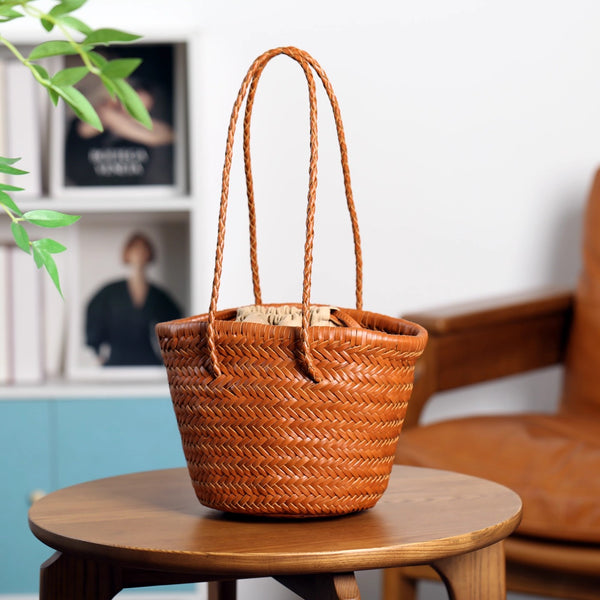 Vintage-Genuine-Leather-Handwoven-Bucket-Bag-Shoulder-Tote-with-Inner-Pouch-Accessories