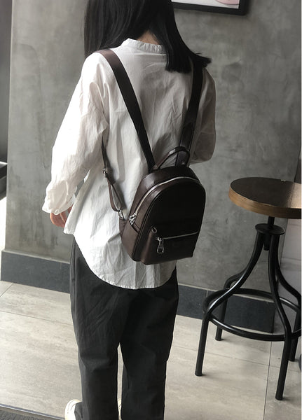 Mini Genuine Leather Backpack for Women Vintage Small Cowhide Daypack with Pockets Affordable