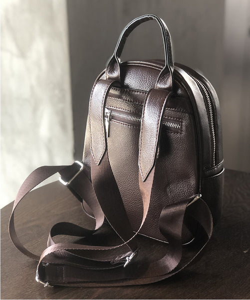Mini Genuine Leather Backpack for Women Vintage Small Cowhide Daypack with Pockets Back