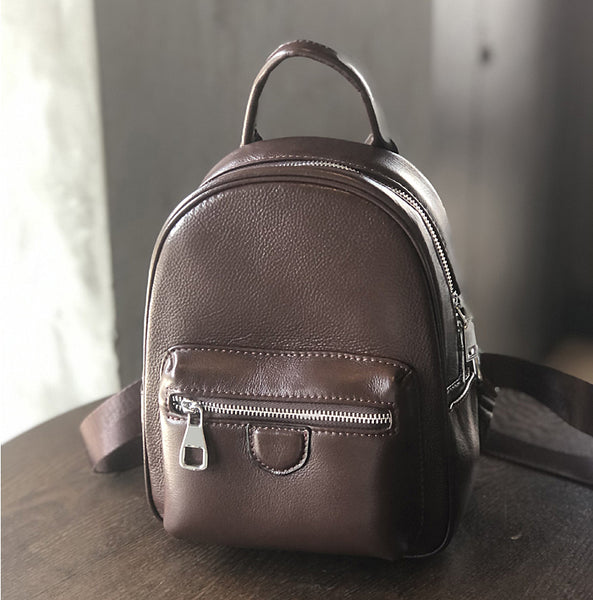Mini Genuine Leather Backpack for Women Vintage Small Cowhide Daypack with Pockets Beautiful
