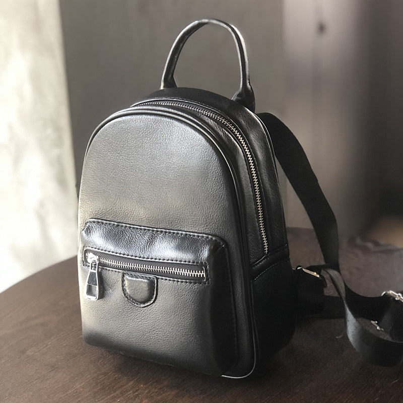 Mini Genuine Leather Backpack for Women Vintage Small Cowhide Daypack with Pockets Black