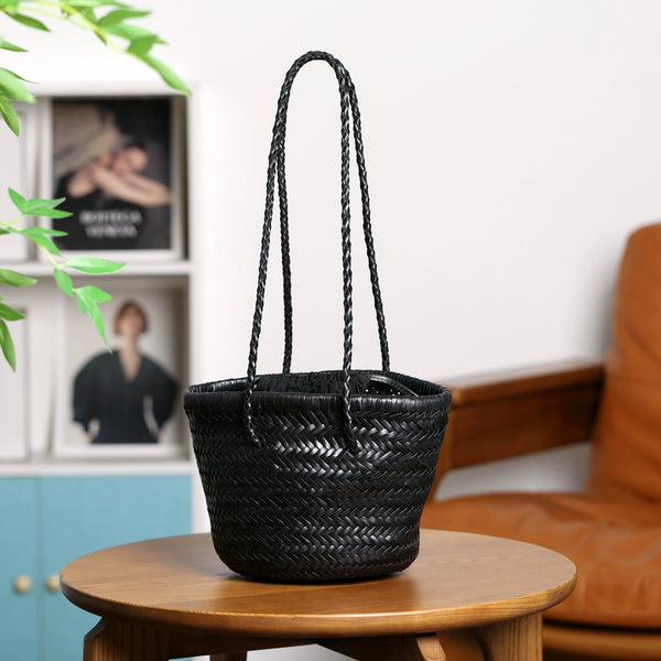 Vintage-Genuine-Leather-Handwoven-Bucket-Bag-Shoulder-Tote-with-Inner-Pouch-Black