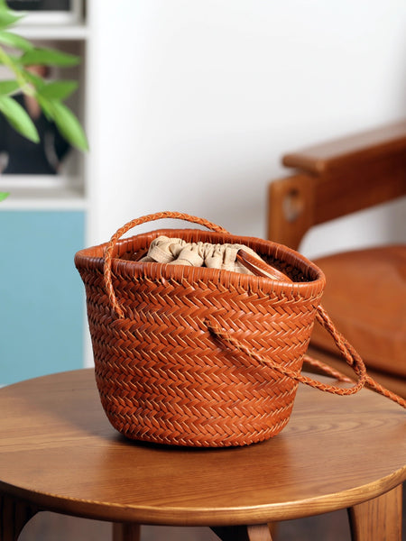 Vintage-Genuine-Leather-Handwoven-Bucket-Bag-Shoulder-Tote-with-Inner-Pouch-Brown