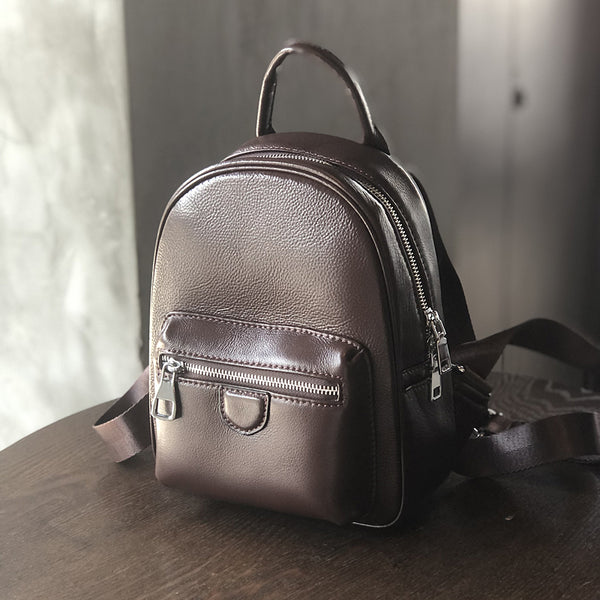 Mini Genuine Leather Backpack for Women Vintage Small Cowhide Daypack with Pockets Brown