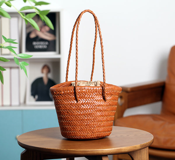 Vintage Genuine Leather Handwoven Bucket Bag Shoulder Tote with Inner Pouch