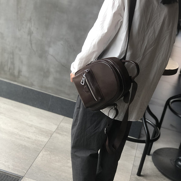 Mini Genuine Leather Backpack for Women Vintage Small Cowhide Daypack with Pockets