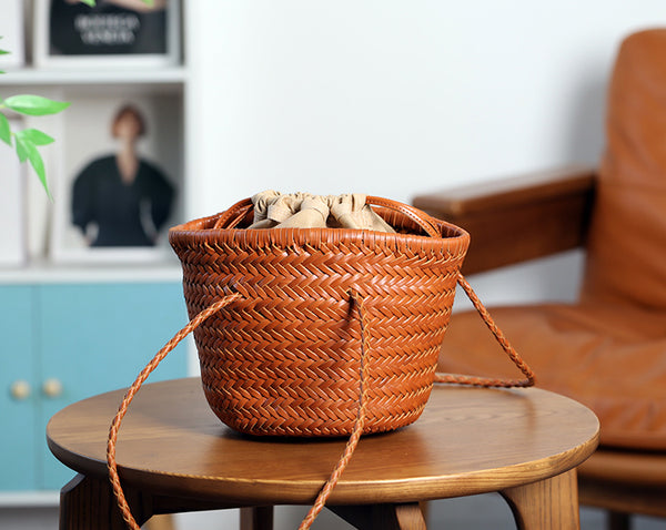 Vintage-Genuine-Leather-Handwoven-Bucket-Bag-Shoulder-Tote-with-Inner-Pouch-Chic