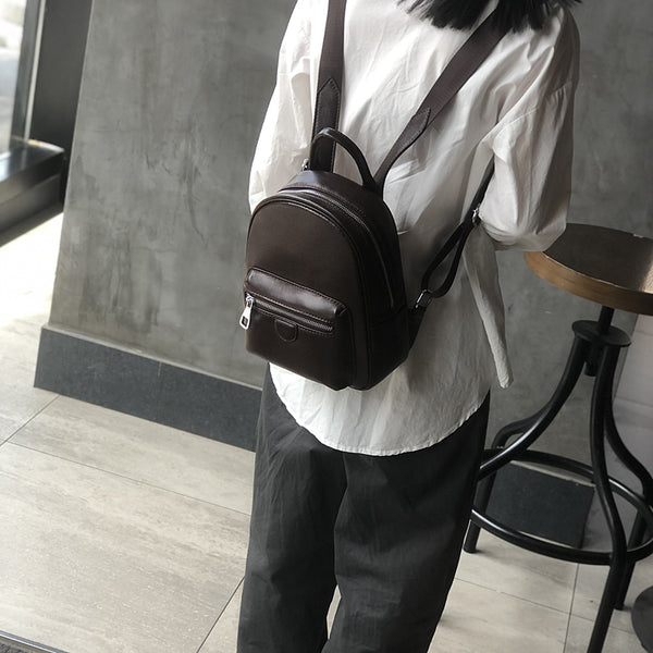 Mini Genuine Leather Backpack for Women Vintage Small Cowhide Daypack with Pockets Classic