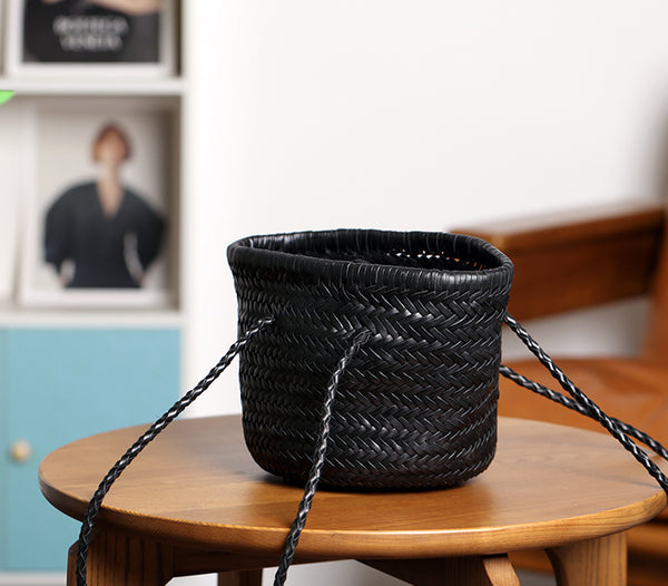Black Handwoven Leather Bucket Bag Vintage Genuine Cowhide Shoulder Tote with Inner Pouch