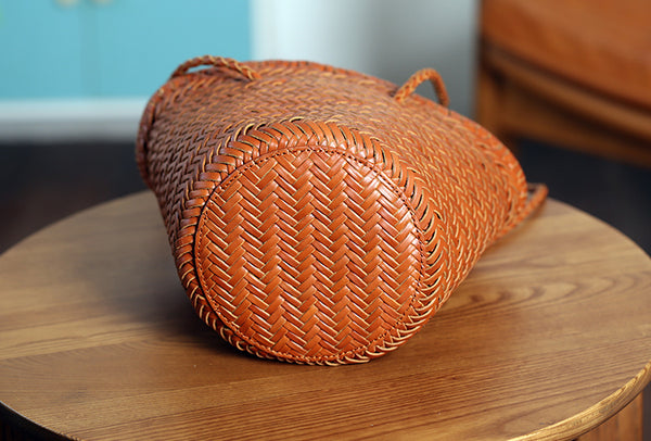 Vintage-Genuine-Leather-Handwoven-Bucket-Bag-Shoulder-Tote-with-Inner-Pouch-Designer