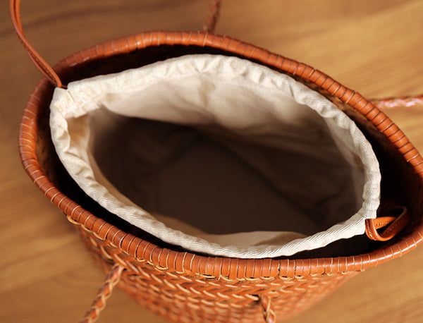 Vintage-Genuine-Leather-Handwoven-Bucket-Bag-Shoulder-Tote-with-Inner-Pouch-Elegant
