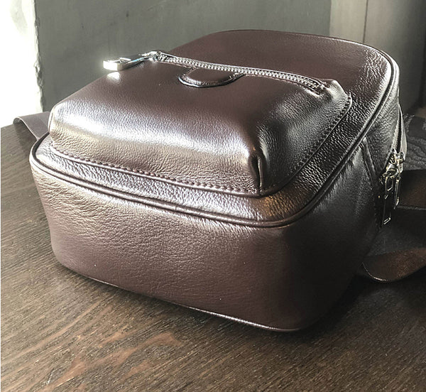 Mini Genuine Leather Backpack for Women Vintage Small Cowhide Daypack with Pockets Elegant