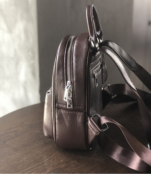 Mini Genuine Leather Backpack for Women Vintage Small Cowhide Daypack with Pockets Fashion