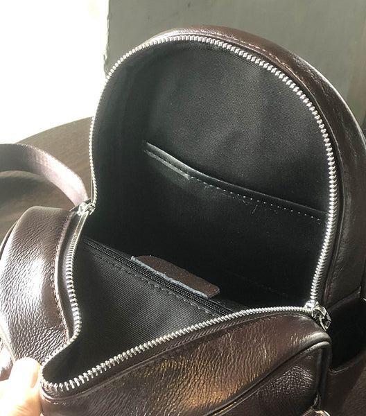 Mini Genuine Leather Backpack for Women Vintage Small Cowhide Daypack with Pockets Inside