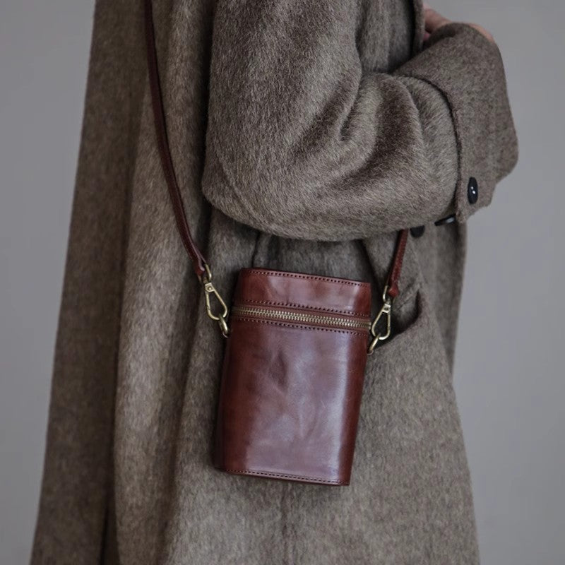Mini Leather Phone Bag for Women Casual Retro Crossbody Handbag Brown