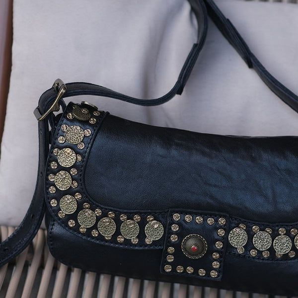 Punk Art Women's Small Crossbody Purse Black Leather Shoulder Purse Cowhide