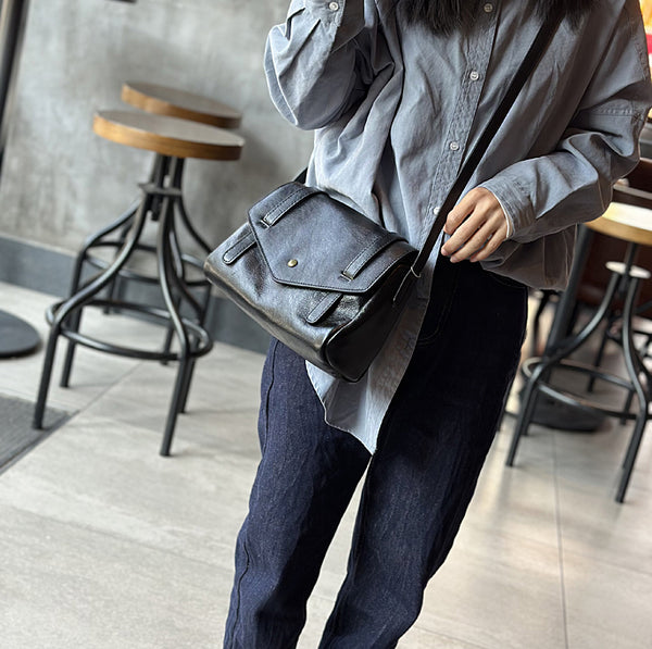 Retro Womens Leather Satchel Crossbody Bag Small Leather Crossbody Bag Black