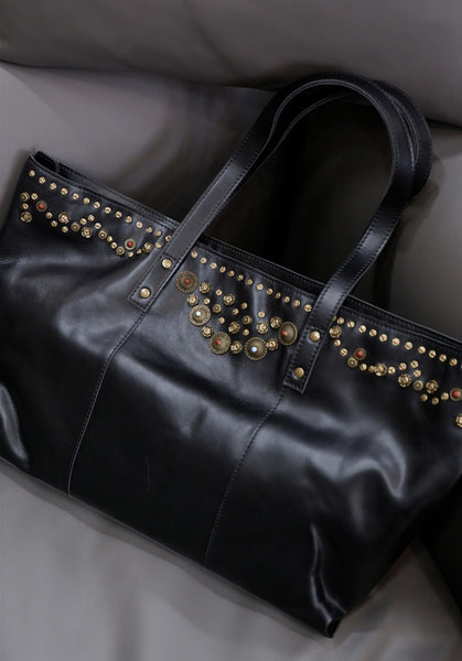 Rivet Studded Womens Genuine Leather Tote Bag Leather Shoulder Bags For Ladies Chic