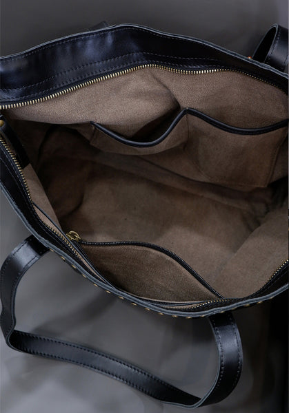 Rivet Studded Womens Genuine Leather Tote Bag Leather Shoulder Bags For Ladies Classy