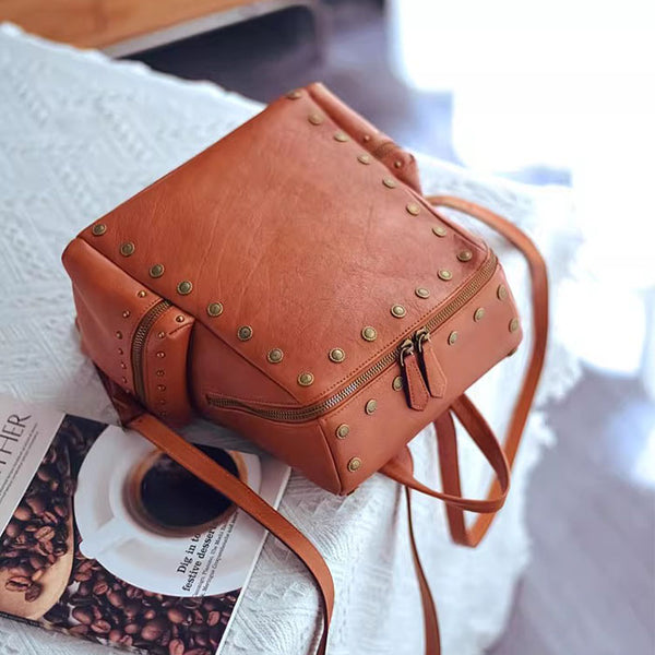 Rivets Ladies Genuine Leather Backpack Purse Ladies Small Leather Rucksack Aesthetic