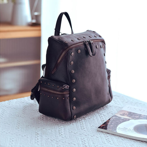 Rivets Ladies Genuine Leather Backpack Purse Ladies Small Leather Rucksack Classy