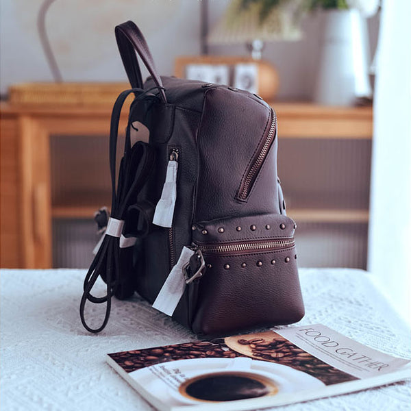 Rivets Ladies Genuine Leather Backpack Purse Ladies Small Leather Rucksack Cool