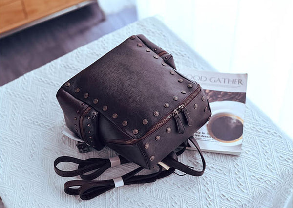 Rivets Ladies Genuine Leather Backpack Purse Ladies Small Leather Rucksack Designer