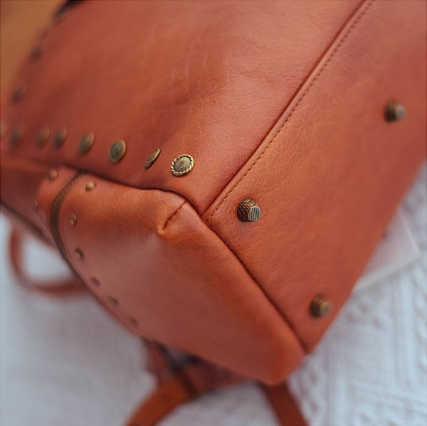 Rivets Ladies Genuine Leather Backpack Purse Ladies Small Leather Rucksack Details